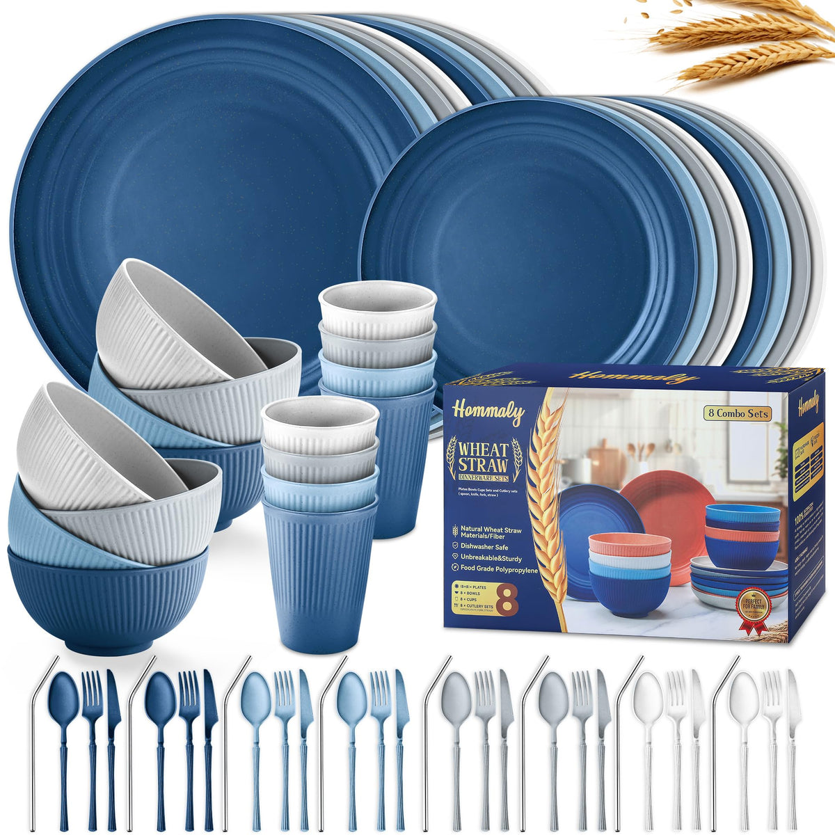 Wheat Straw Dinnerware Sets,64-Piece Black Plates and Bowls Sets for 8-Unbreakable,Reusable Plastic Dish Set-Dinner Plate/Dessert Plate/Cereal Bowl/Cup/Utensils-Microwavable Dishwasher Safe 64P-BLACK