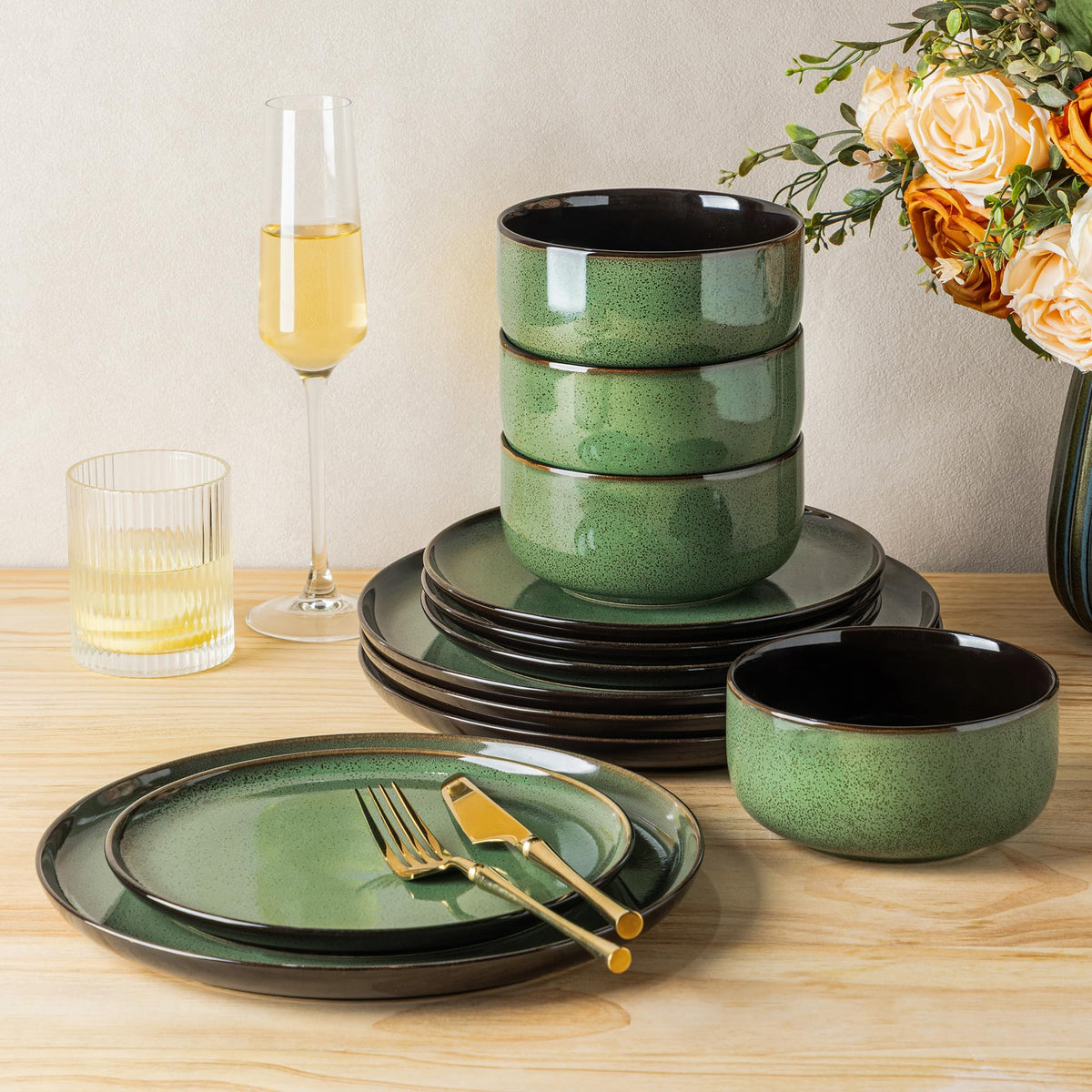 LeRatio Ceramic Dinnerware Sets for 4,12Pcs Porcelain Plates and Bowls Set