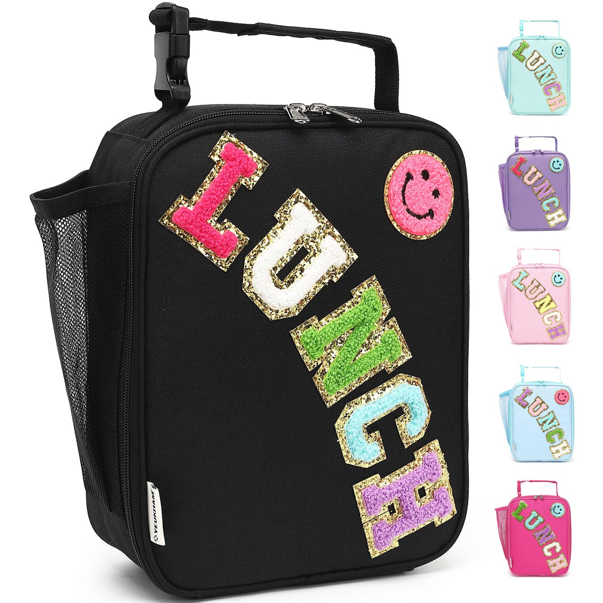 FlowFly Kids Lunch Box Insulated Letter Print Soft Bag Mini Cooler Back to School Thermal Meal Tote Kit for Girls, Boys, Black