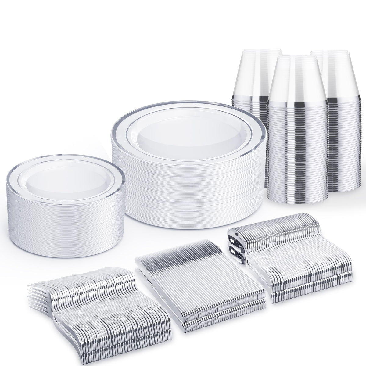 WELLIFE 600 PCS Silver Disposable Dinnerware Set for 100 Guests