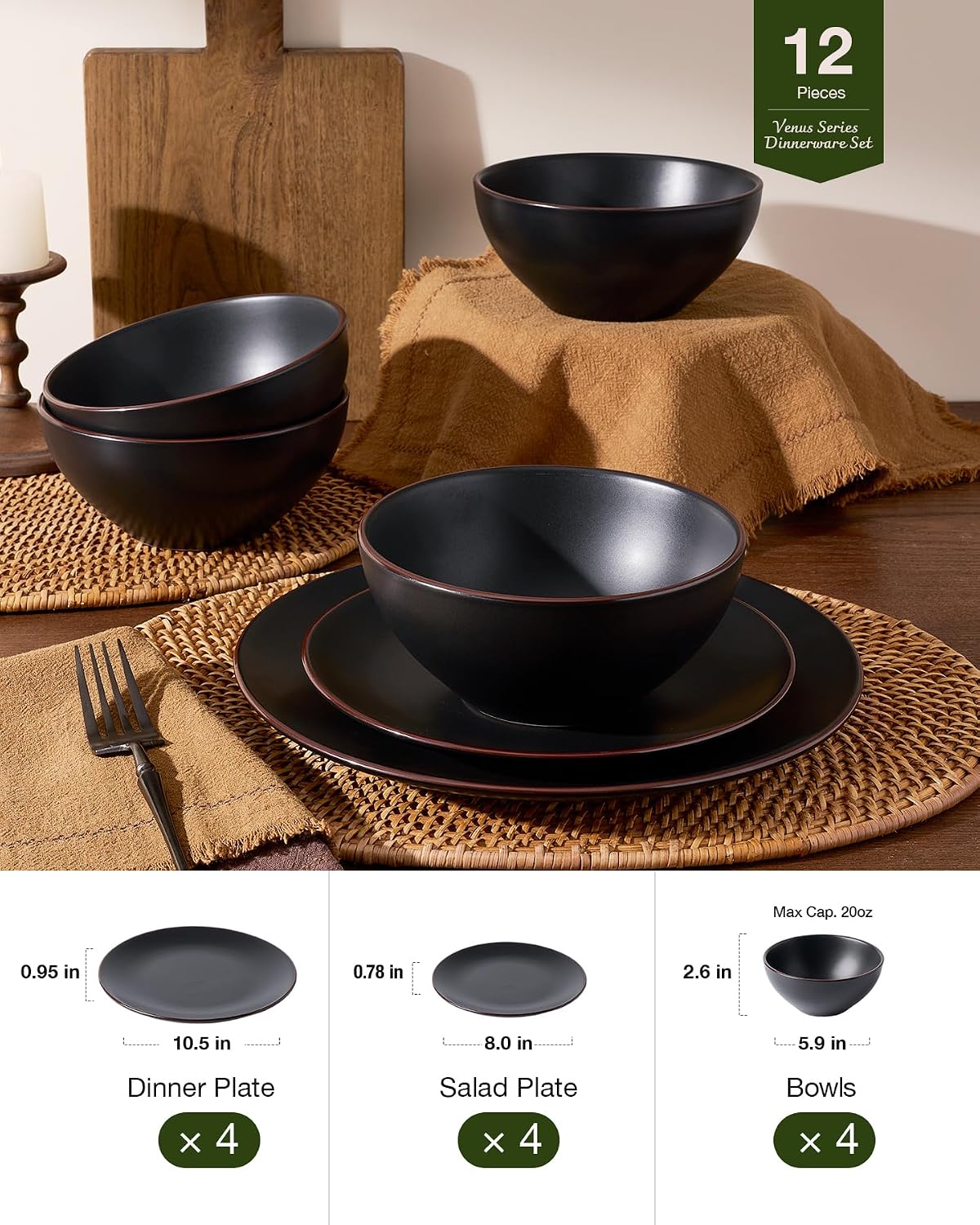 Famiware Venus Plates and Bowls Sets, 12pcs Stoneware Dinnerware Set for 4