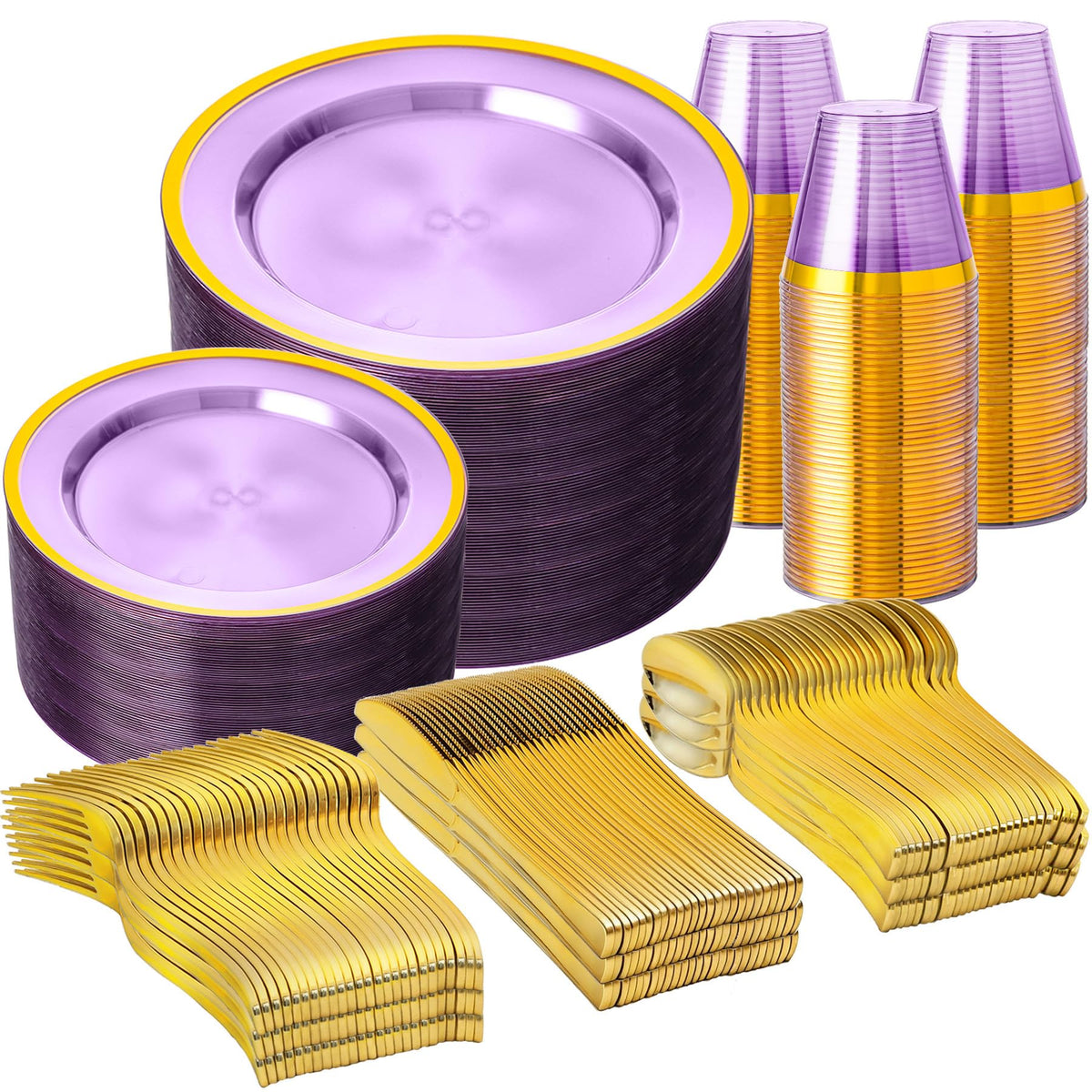 N9R 600PCS White and Gold Plastic Plates, Disposable Dinnerware Set