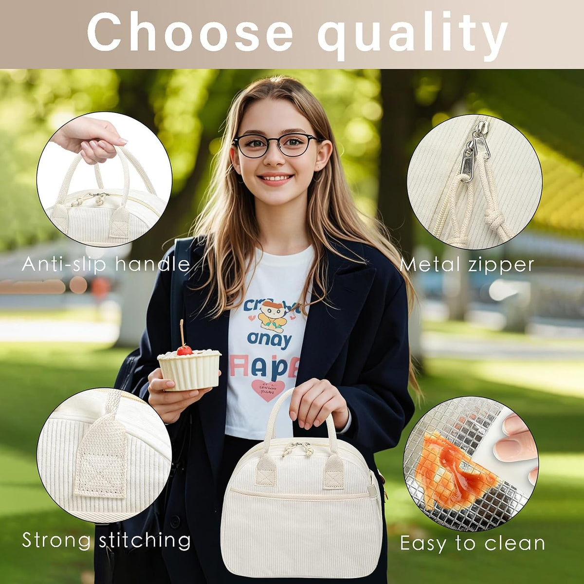 Carry bloom Lunch Box for Women, Insulated Lunch Bag Cute Corduroy Lunchbox