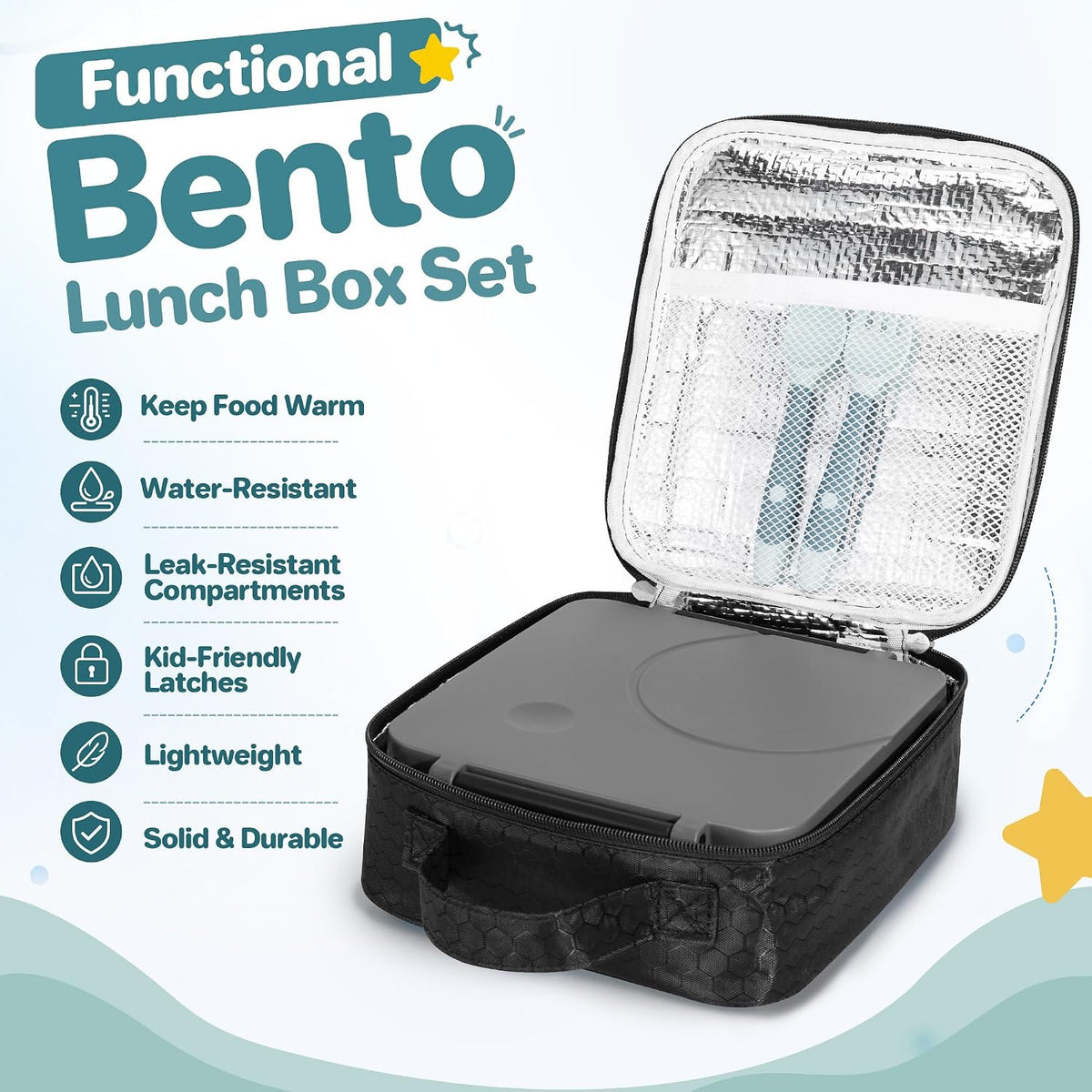 Bento Lunch Box Set for Kids with 8oz Soup Thermo, Leak-Proof Lunch Containers with 4 Compartment, Kids Thermo Hot Food Jar and Insulated Lunch Bag for Kid to School-Black