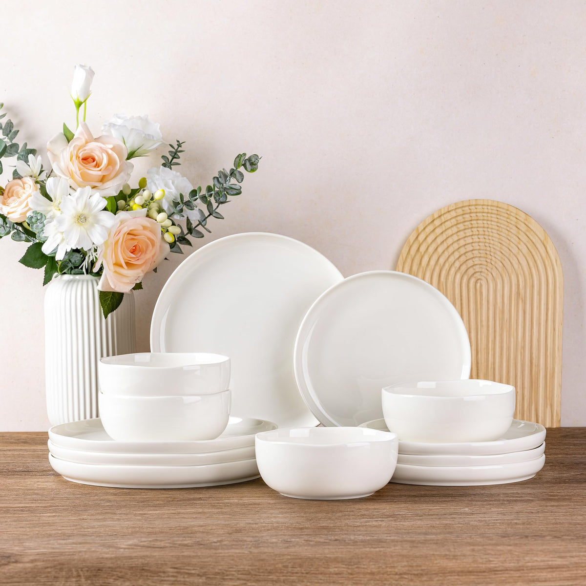 LeRatio Ceramic Dinnerware Sets for 4,12Pcs Porcelain Plates and Bowls Set