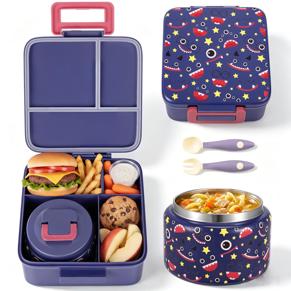 MAISON HUIS Bento Lunch Box with 8oz Soup Thermo and Insulated Lunch Bag, Kids Leakproof Lunch Food Containers with 5 Compartment, Boys Girls Thermo Hot Food Jar for Travel, School, BPA Free (Black)