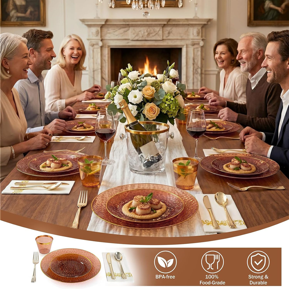 DaYammi 350PCS Amber Plastic Dinnerware Set for 50 Guests