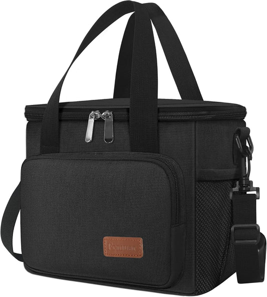 Femuar Reusable Lunch Box for Men/Women - Insulated Lunch Bag Leakproof Lunchbox for Work Office Picnic Beach - Freezable Lunch Cooler Bag with Adjustable Shoulder Strap - Black