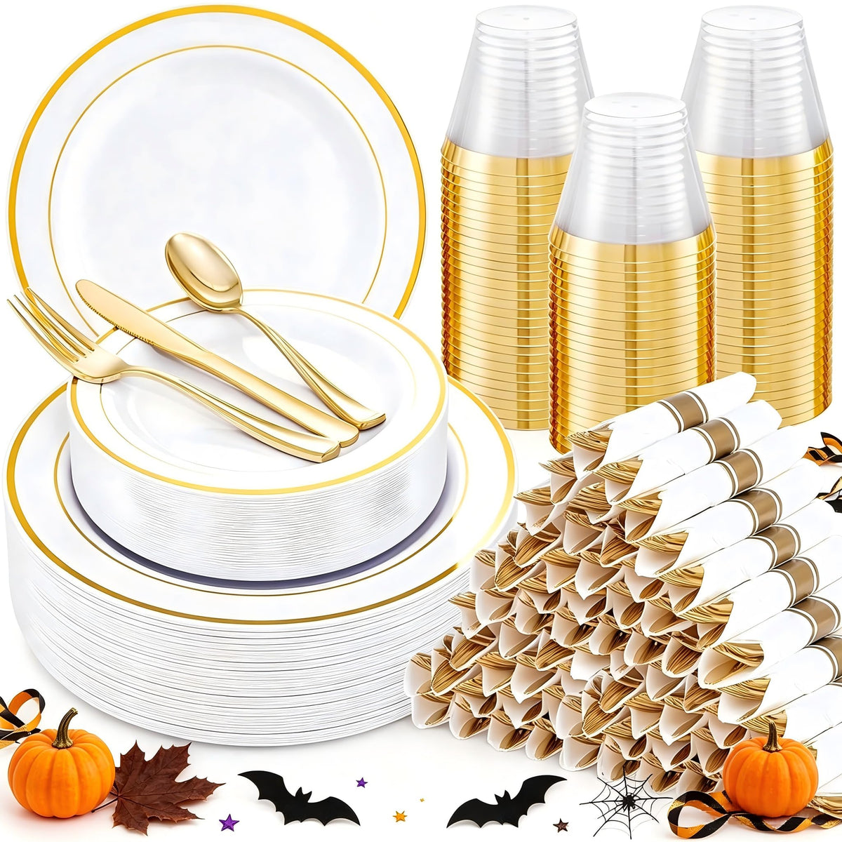 WELLIFE 50 Guests Dinnerware Sets, Gold Plastic Plates，Platos Para Fiestas Elegantes Desechables Include:50 Dinner Plates, 50 Dessert Plate, 150 Pcs Gold Plastic Silverware, 50 Cups for Party