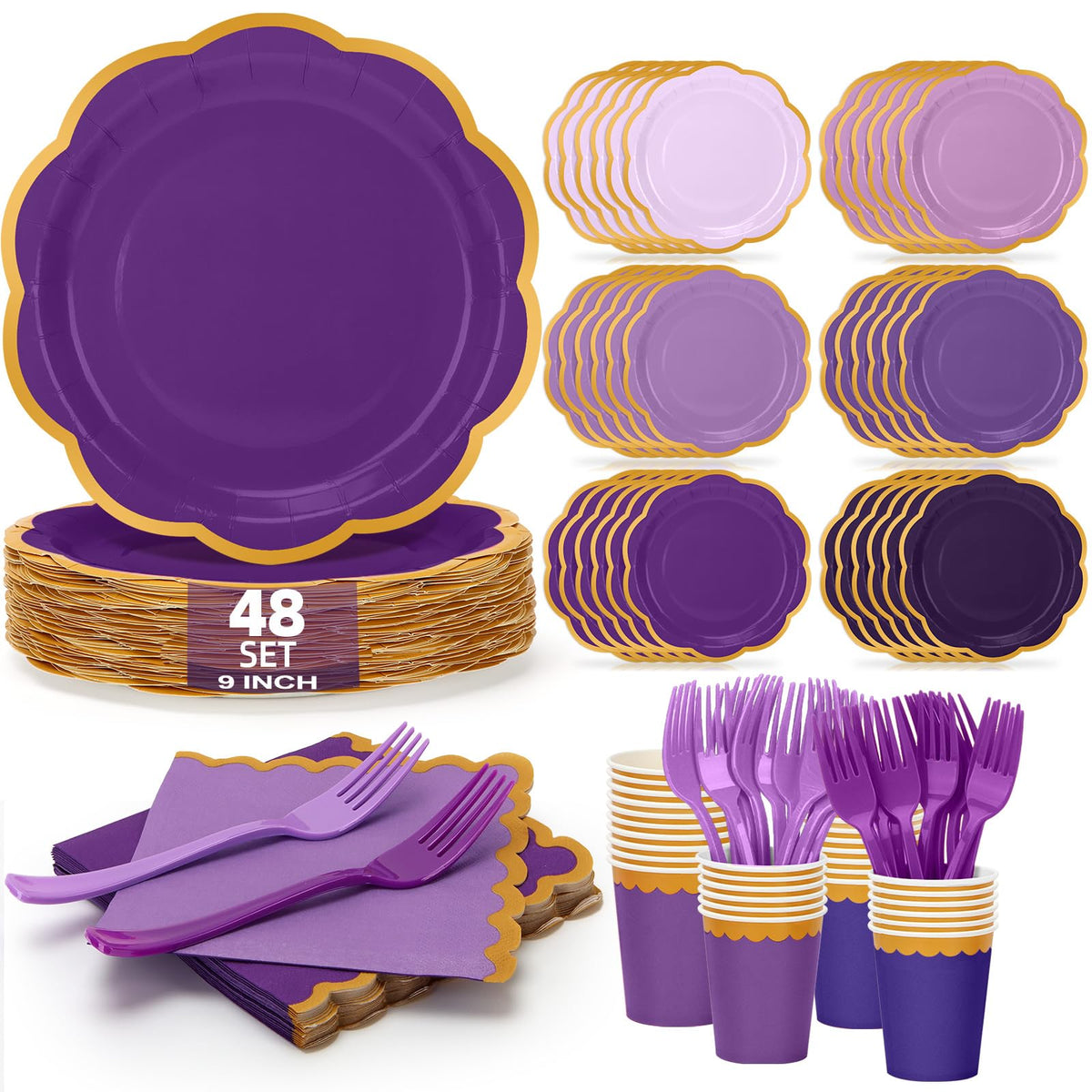Orange Plates and Napkins Party Supplies for 48 Guests, Disposable 9’’ Gradient Scalloped Orange Fall Paper Plates Tableware Set for Fall Birthday, Harvest Party, Thanksgiving Decorations
