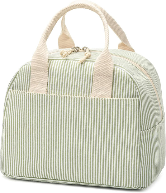 LOVELYWIND Lunch Box for Women,Insulated Lunch Bag,Green Stripe14-Can(9L)