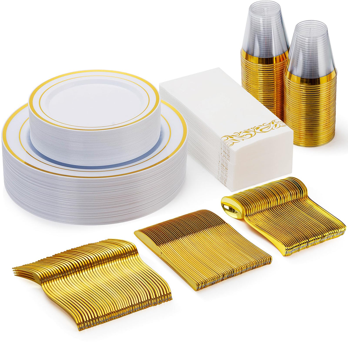 Goodluck 700 Piece Gold Dinnerware Set for 100 Guests, Disposable Plate Set