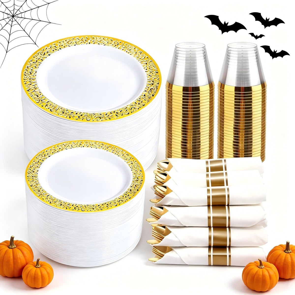WELLIFE 50 Guests Dinnerware Sets, Gold Plastic Plates，Platos Para Fiestas Elegantes Desechables Include:50 Dinner Plates, 50 Dessert Plate, 150 Pcs Gold Plastic Silverware, 50 Cups for Party