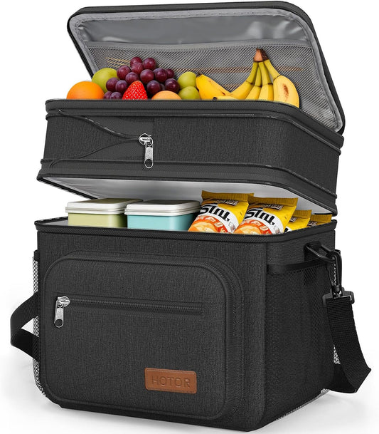 HOTOR Lunch Box Men Women Double-Layer Insulated Lunch Bag Black 12L
