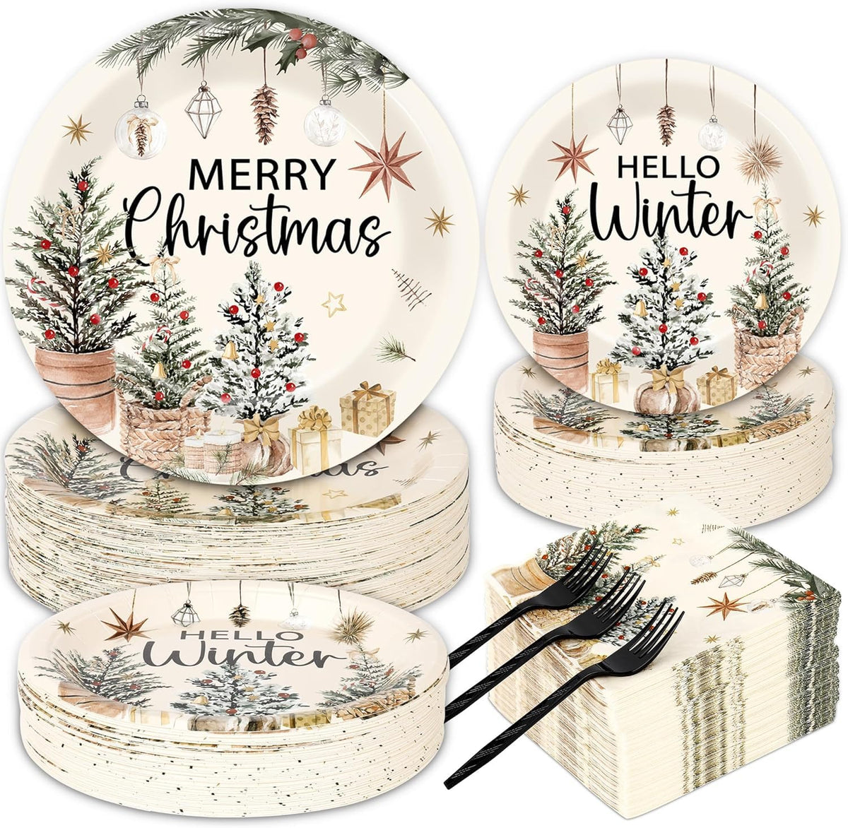 100Pcs Merry Christmas Oval Paper Plates and Napkins ,12"x10" Beige Plates