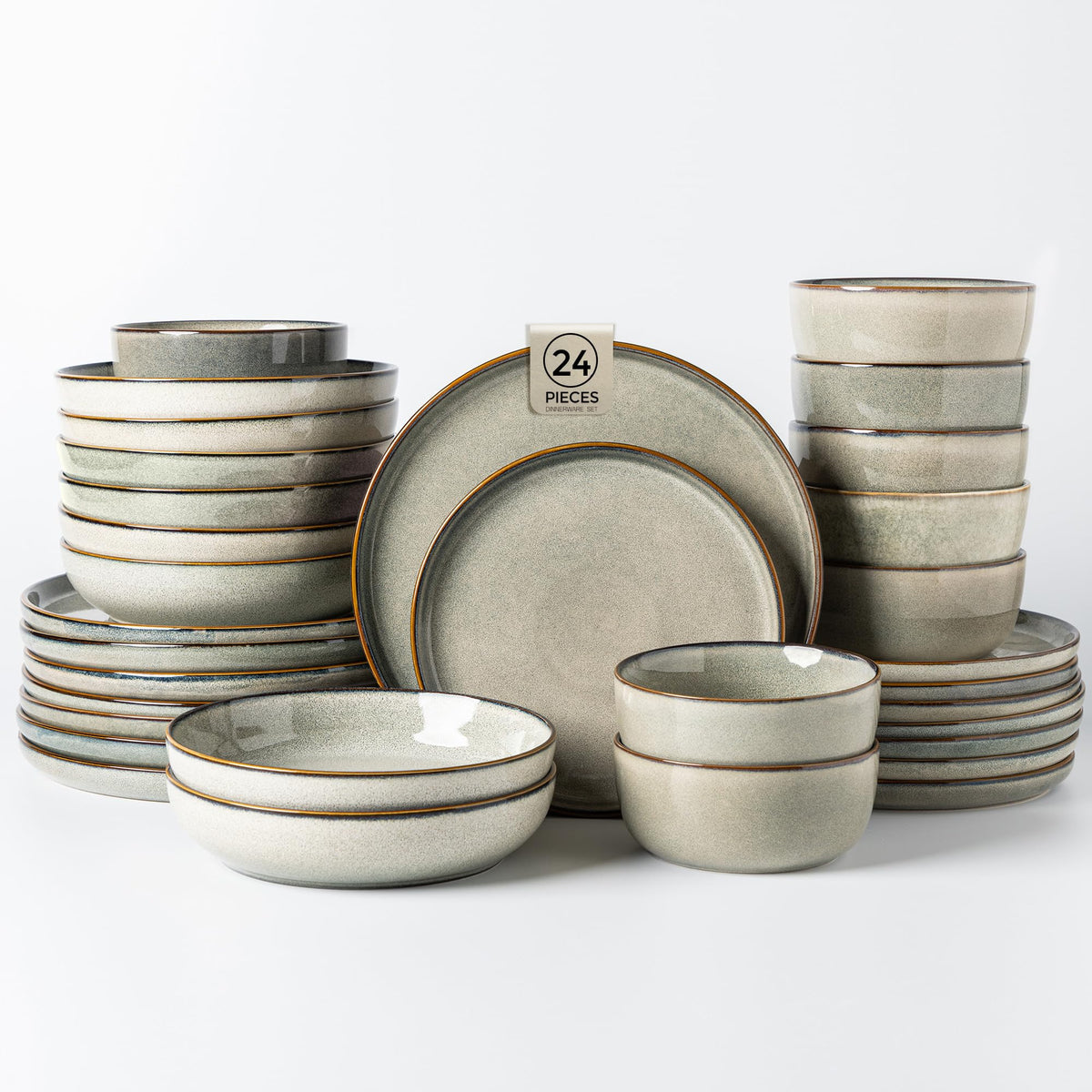 GBHOME Ceramic Dinnerware Sets for 8, 24 Pieces Stoneware Plates and Bowls Sets, Scratch Resistant Dishes, Dishwasher & Microwave Safe, Reactive Glaze-Green Wheat