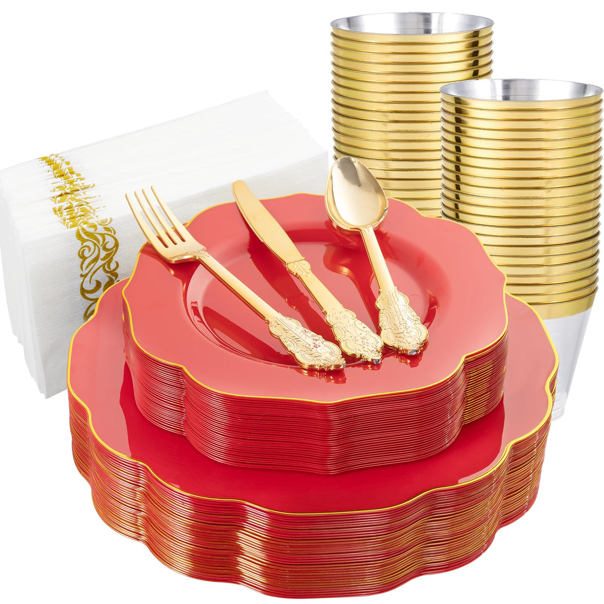 NOCCUR 175PCS Pink Plates with Gold Disposable Silverware - Include 50 Pink Plastic Plates,25 Knives,25 Forks,25 Spoons,25 Cups and 25 Napkins - Ideal for Party/Wedding/Banquet/Baby Shower