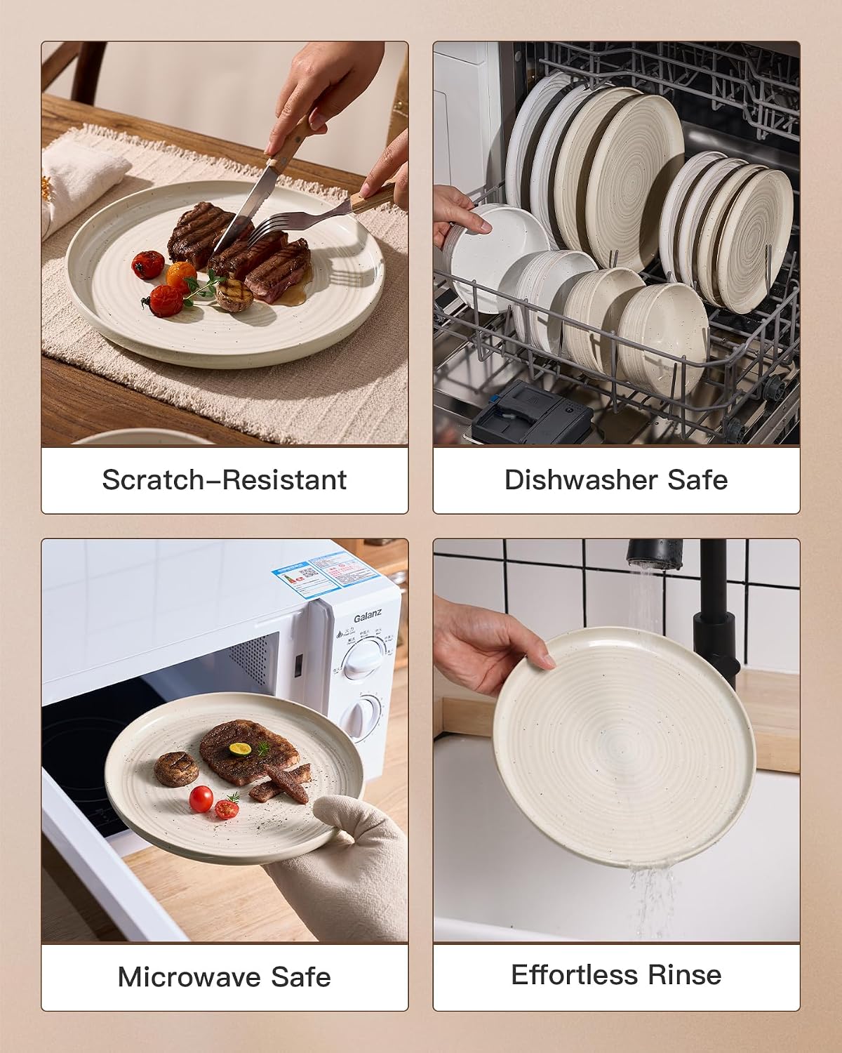 Stoneware Dinnerware Sets for 4, Reactive Glaze Plates & Bowls, Shell Beige