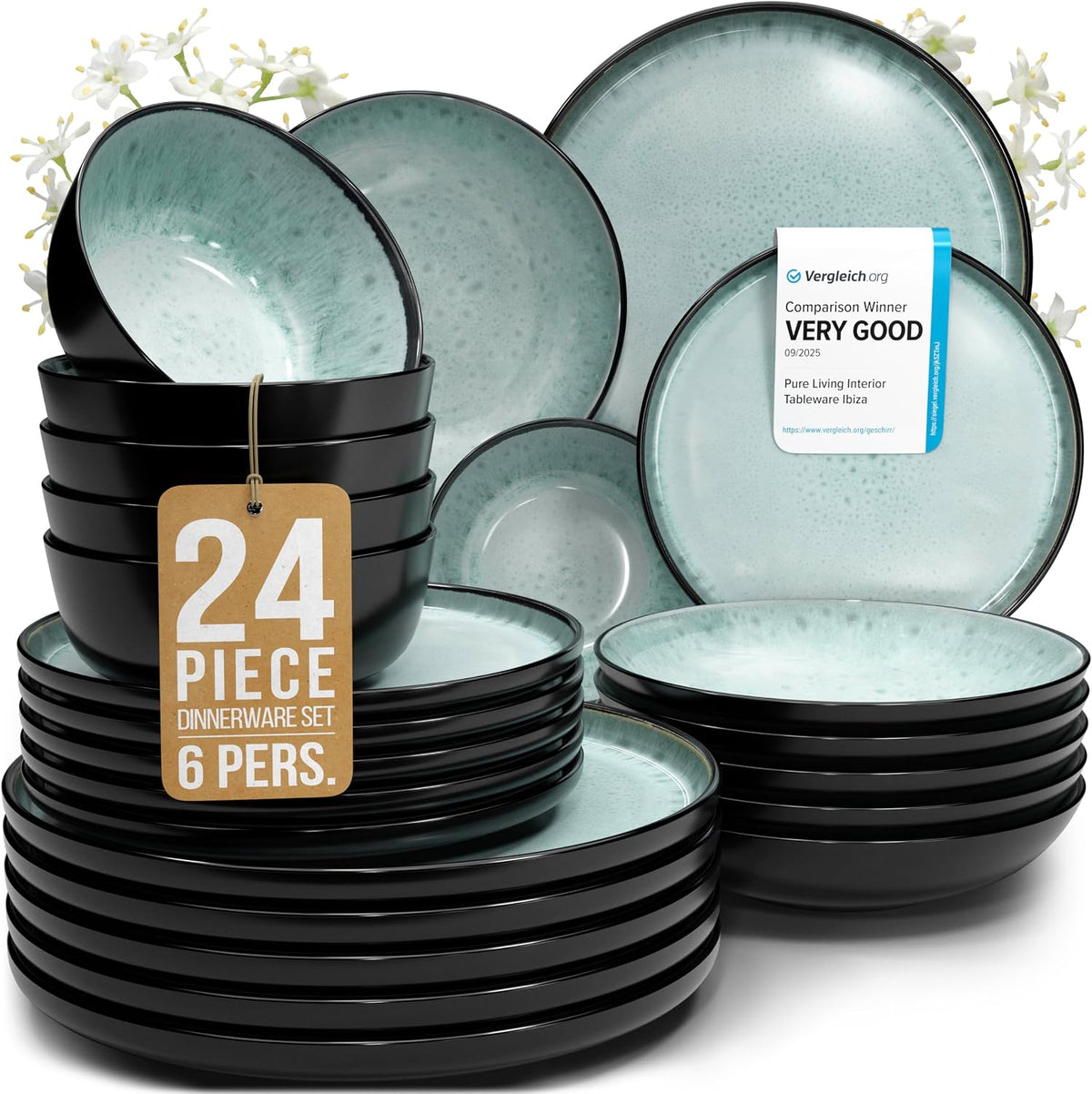 16 Piece Stoneware Dinnerware Set for 4, Handcrafted Plates and Bowls Set