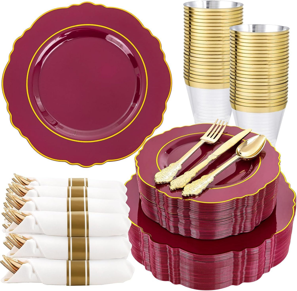Liacere 350PCS Gold Plastic Plates-Disposable White and Gold Plates Baroque Plastic Dinnerware include 100Plates, 50Pack Pre Rolled Napkins with Silverware 50Cups for Wedding&Thanksgiving&Fall Party
