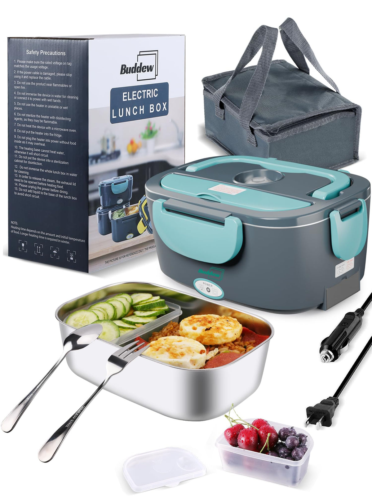 Buddew Electric Heated Lunch Box, 100W Fast Heating, 1.5L Food-Grade 304 Stainless Steel, 12V/24V/110V Portable Food Warmer for Car Truck Office Adults, Lonchera Electrica Portatil (Green)