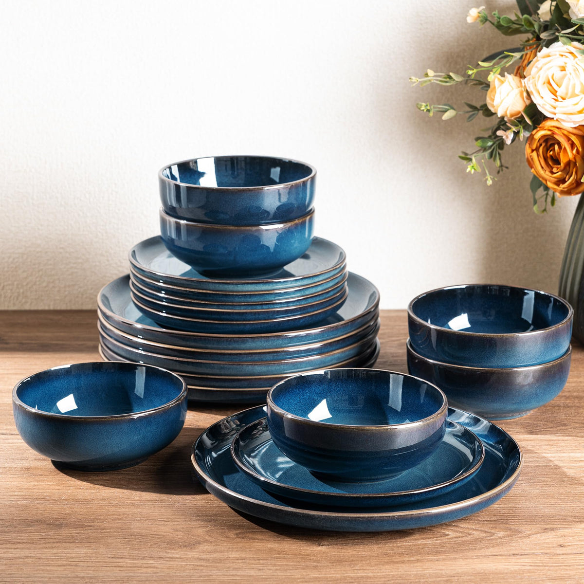 GBHOME Ceramic Dinnerware Sets for 8, 24 Pieces Stoneware Plates and Bowls Sets, Scratch Resistant Dishes, Dishwasher & Microwave Safe, Reactive Glaze-Green Wheat