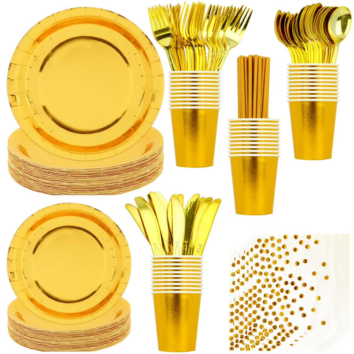 Sparkling Star Patterned Disposable Tableware Set, 201 Pieces, Tablecloths, Cutlery, Napkins, Cups, Straws, Plates for Parties, Birthdays, Graduations, Kids Events. 25Guest (Gold)