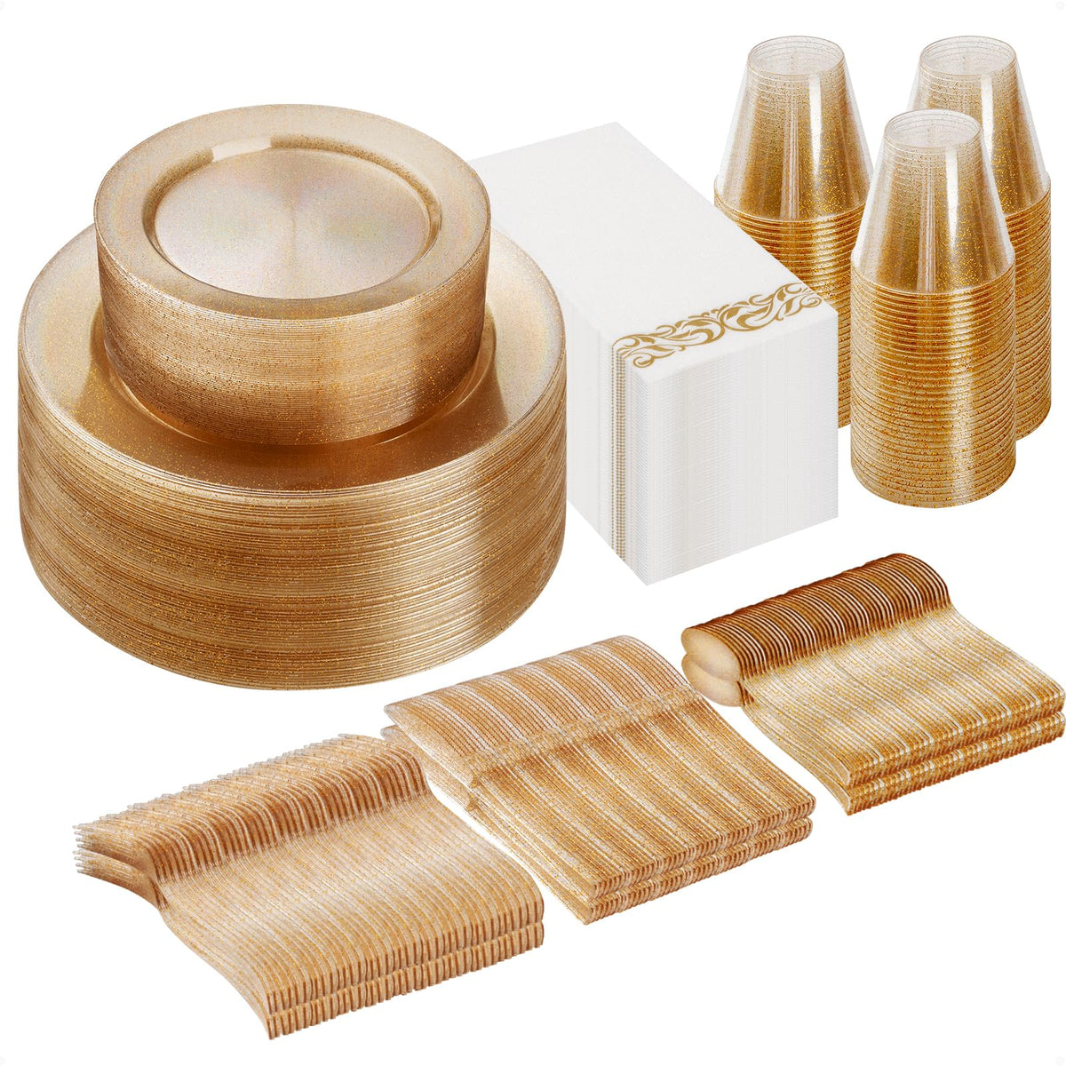 Goodluck 700 Piece Gold Dinnerware Set for 100 Guests, Disposable Plate Set