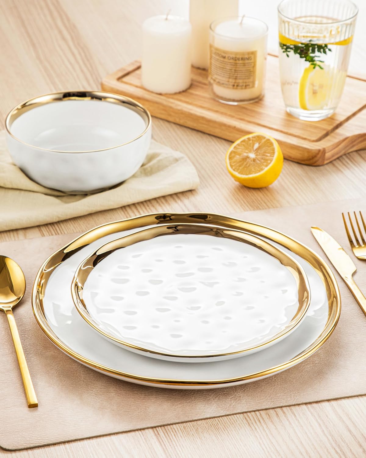 LOVECASA 12 Pieces Plates and Bowls Sets, Porcelain White and Gold Dinnerware Sets, Round Dinner Plates Dishes Set Service for 4, Dishwasher Safe and Scratch Resistant, White