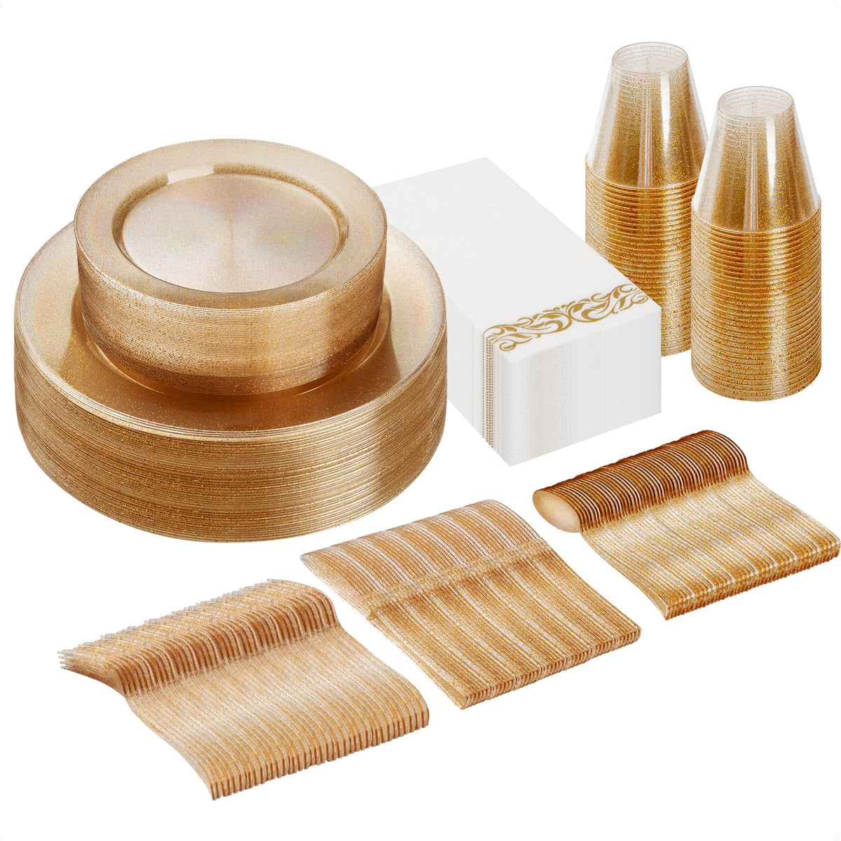 Goodluck 700 Piece Gold Dinnerware Set for 100 Guests, Disposable Plate Set