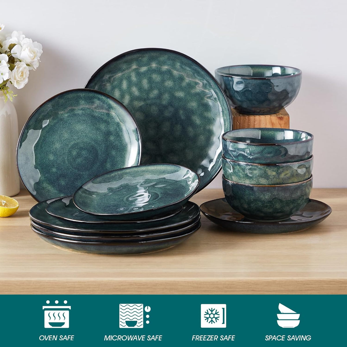 vancasso Starry 12 Pcs Dinnerware Set for 4, Handmade Reactive Glaze, Green