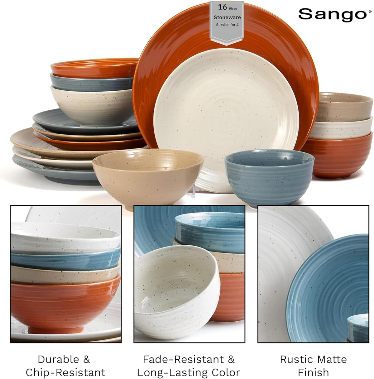 Sango Siterra Painter's Palette 16-Piece Stoneware Dinnerware Set - Service for 4, Ceramic Plates and Bowls Sets, Chip Resistant, Rustic Dishware, Microwave & Dishwasher Safe Kitchen Dishes
