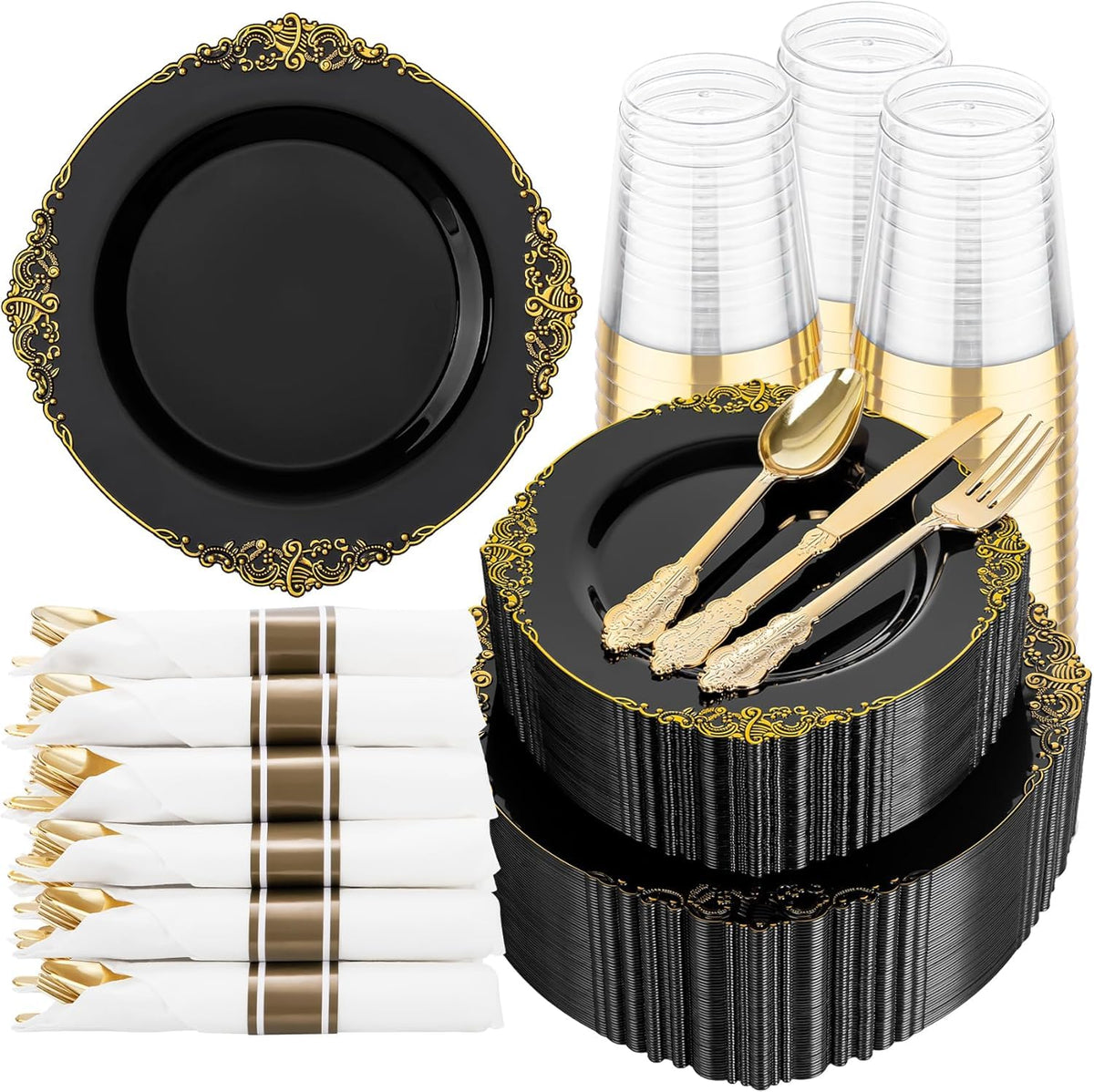Hioasis 350 Pcs Clear Black Plates for Party