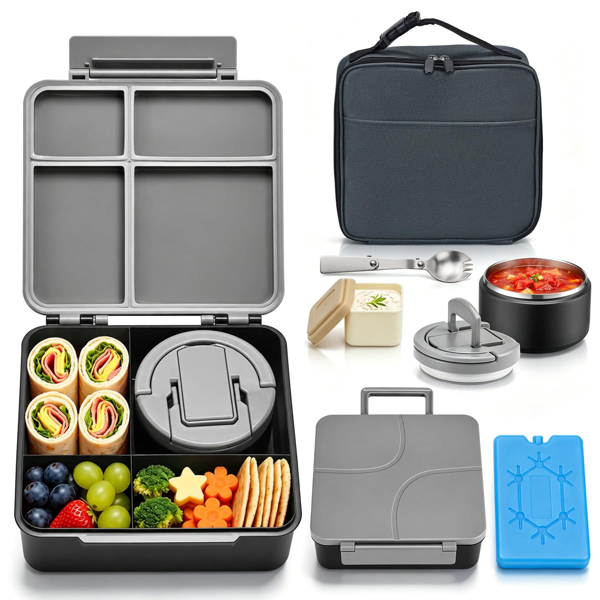 Bento Lunch Box with 8oz Soup Thermo,Kids Leakproof 4 Compartment Lunch Food Containers with Sauce Cup and Ice Pack,Kids Thermo Insulated Hot Food Jar and Lunch Bag for School,Trvael-Black