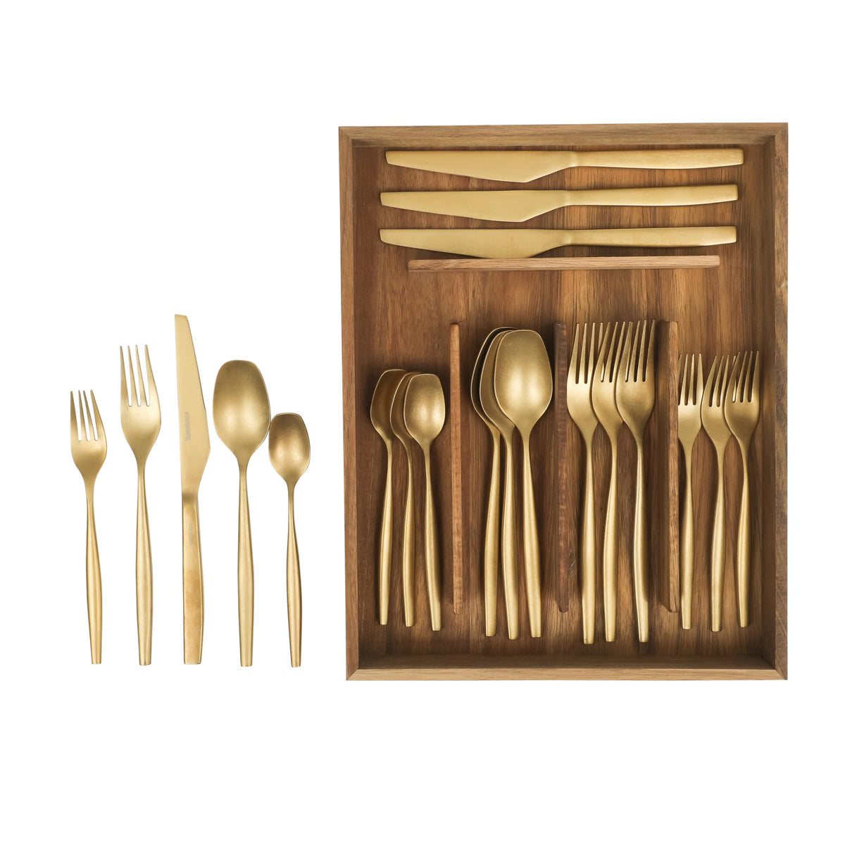 Bloomhouse - Two Time Oprah's Favorite Things Winner - 20 Piece Stone Washed Gold Flatware 18/10 Stainless Steel Silverware Cutlery Utensil Set With Acacia Wood Caddy - Service for 4