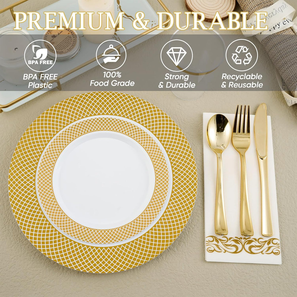 FOCUSLINE 175 Pieces Gold Dinnerware Set for 25 Guests