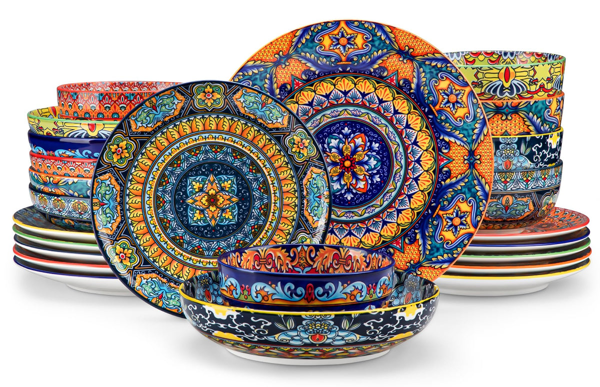 vancasso 24-Piece Dinnerware Sets,Plates & Bowls Sets Service for 6, Bohemian Porcelain Dishes Set for 6, Kitchen Dinner Set,Microwave & Dishwasher Safe, Scratch Resistant,Series KRVI