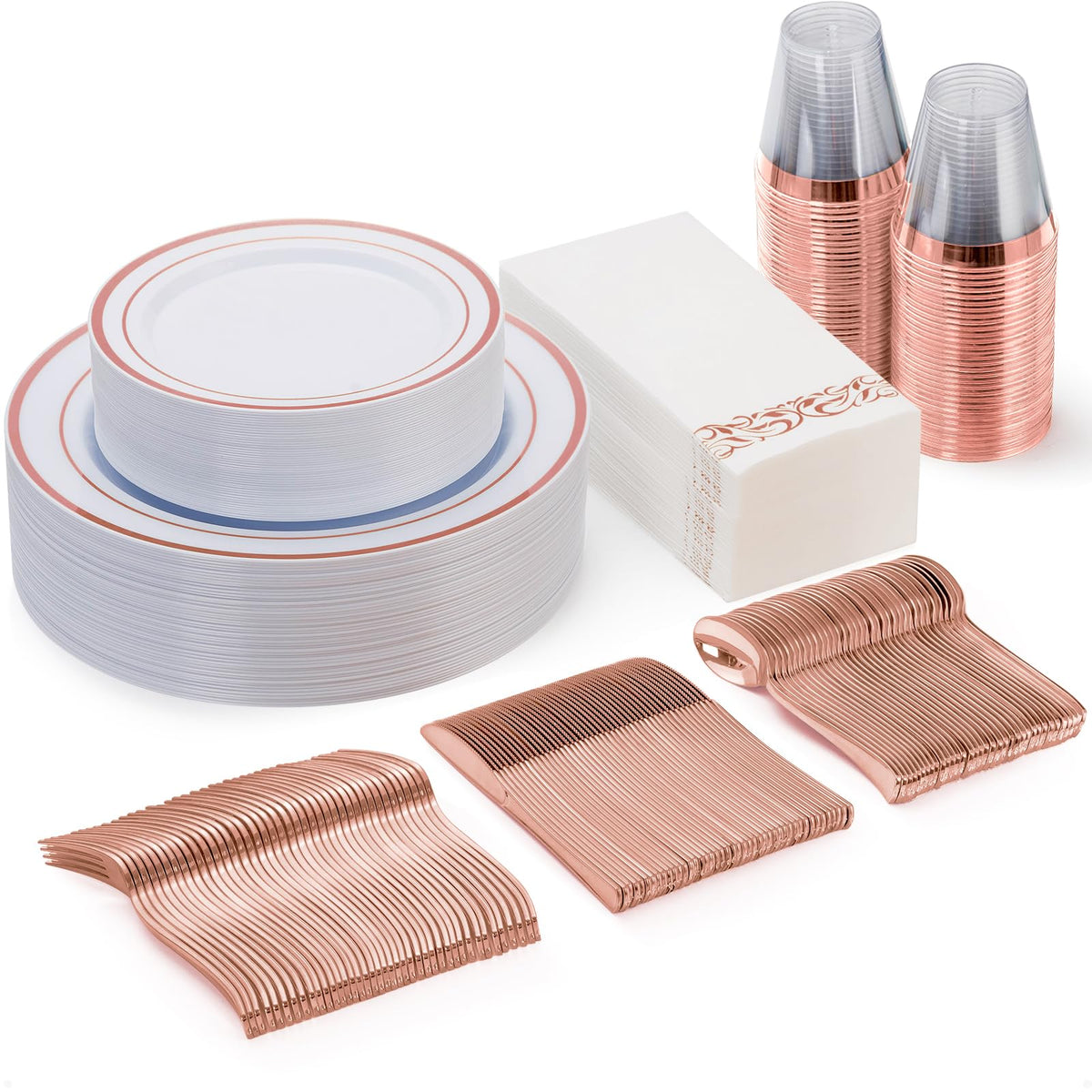 Goodluck 700 Piece Gold Dinnerware Set for 100 Guests, Disposable Plate Set