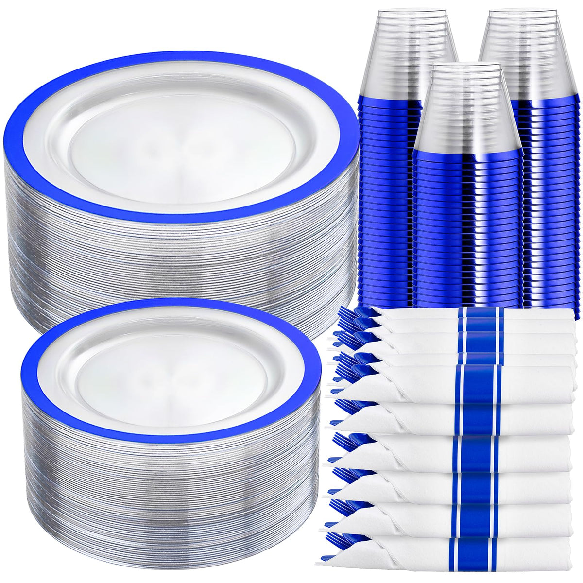 I00000 700Pcs Dark Blue Plastic Dinnerware Set ,Clear Plates for 100 Guests