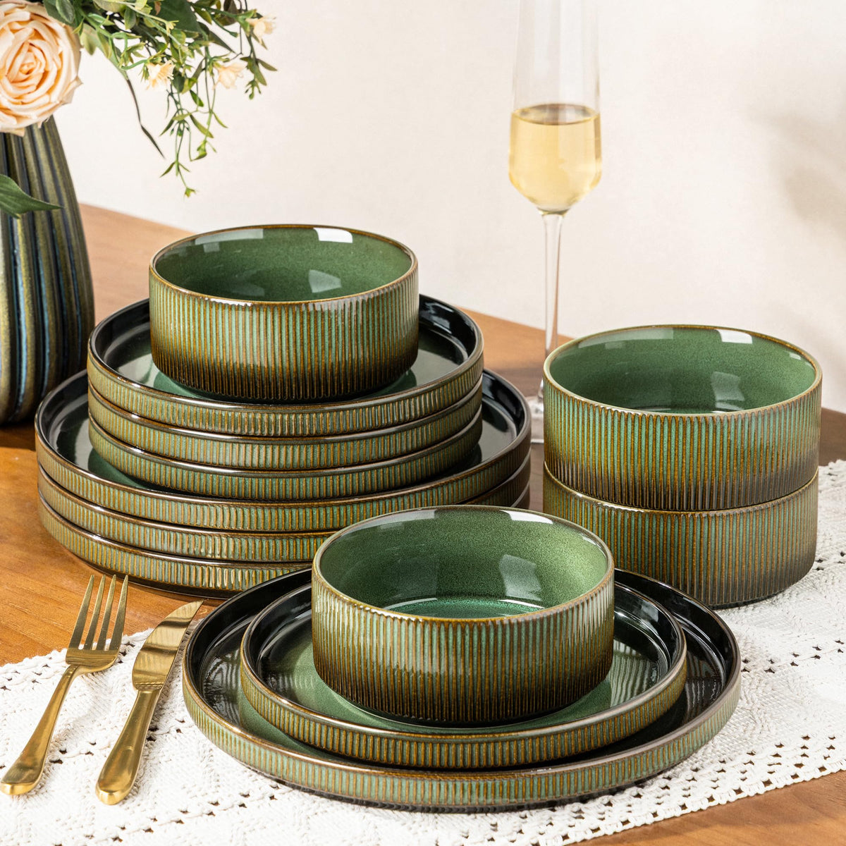 GBHOME Stoneware Dinnerware Sets for 4,12-Piece Plates and Bowls Set
