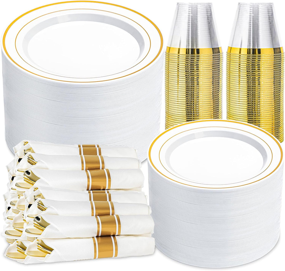 350 PCS White and Gold Plastic Dinnerware Set for 50 Guests