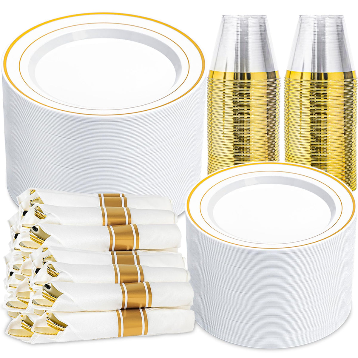 350 PCS White and Gold Plastic Dinnerware Set for 50 Guests