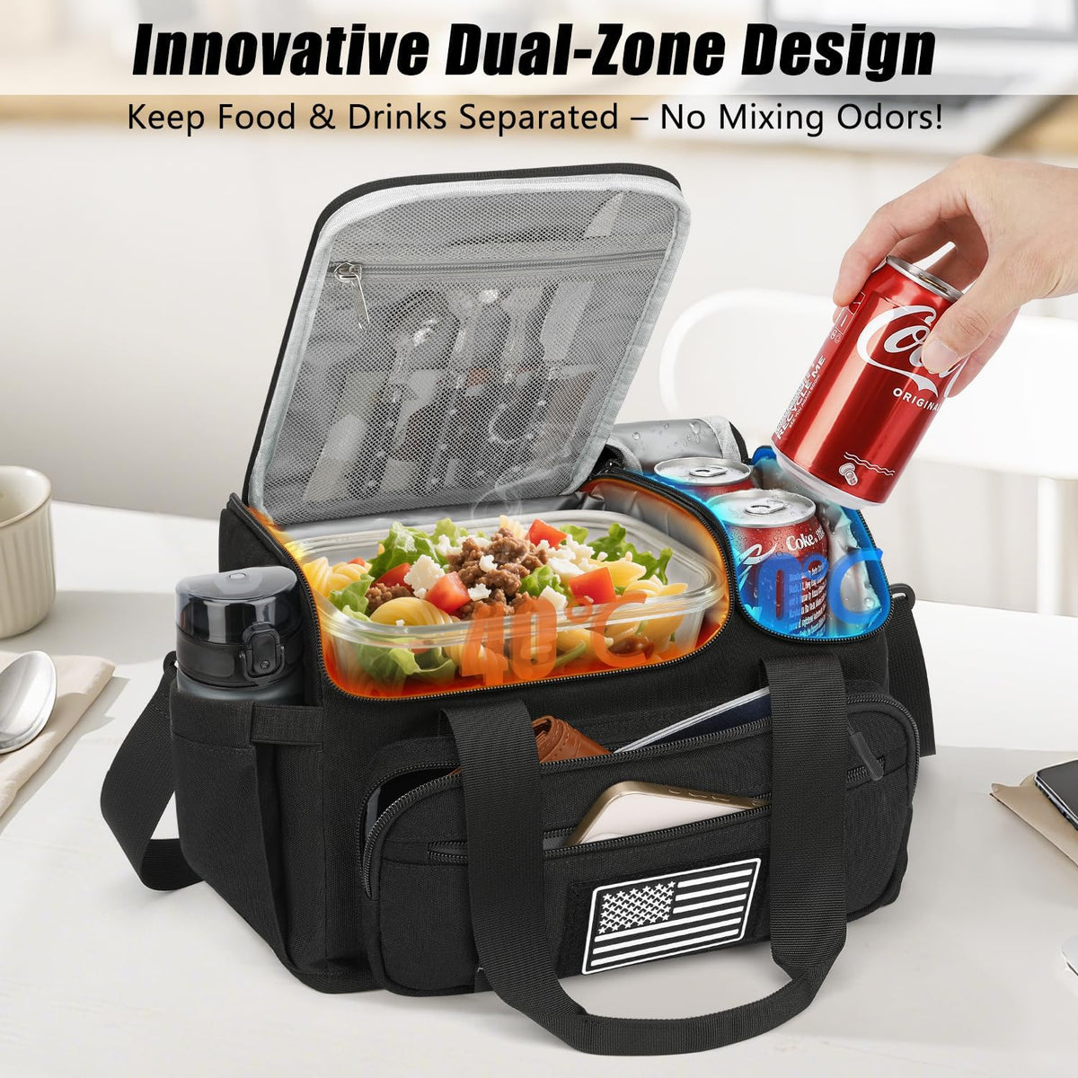Lunch Box for Men Women, 15L Insulated Lunch Bag with Hot/Cold Compartment