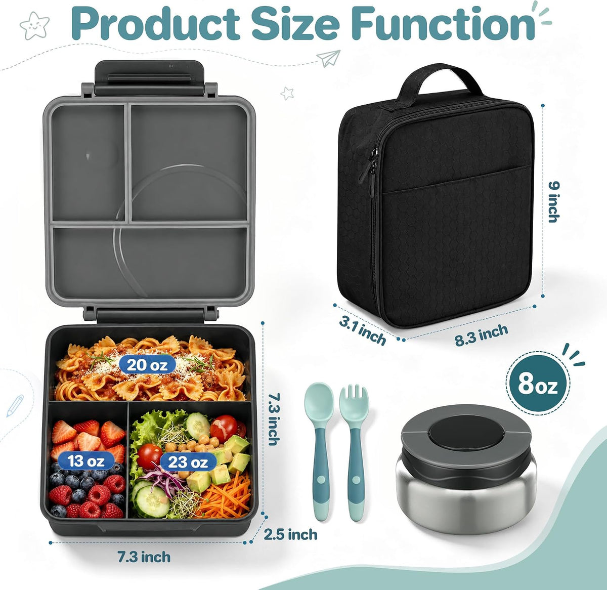 Bento Lunch Box Set for Kids with 8oz Soup Thermo, Leak-Proof Lunch Containers with 4 Compartment, Kids Thermo Hot Food Jar and Insulated Lunch Bag for Kid to School-Black