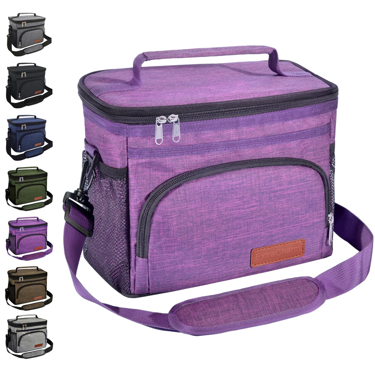 ExtraCharm Insulated Lunch Bag for Women/Men - Reusable Lunch Box for Office Picnic Hiking Beach - Leakproof Cooler Tote Bag Organizer with Adjustable Shoulder Strap for Adults - Black