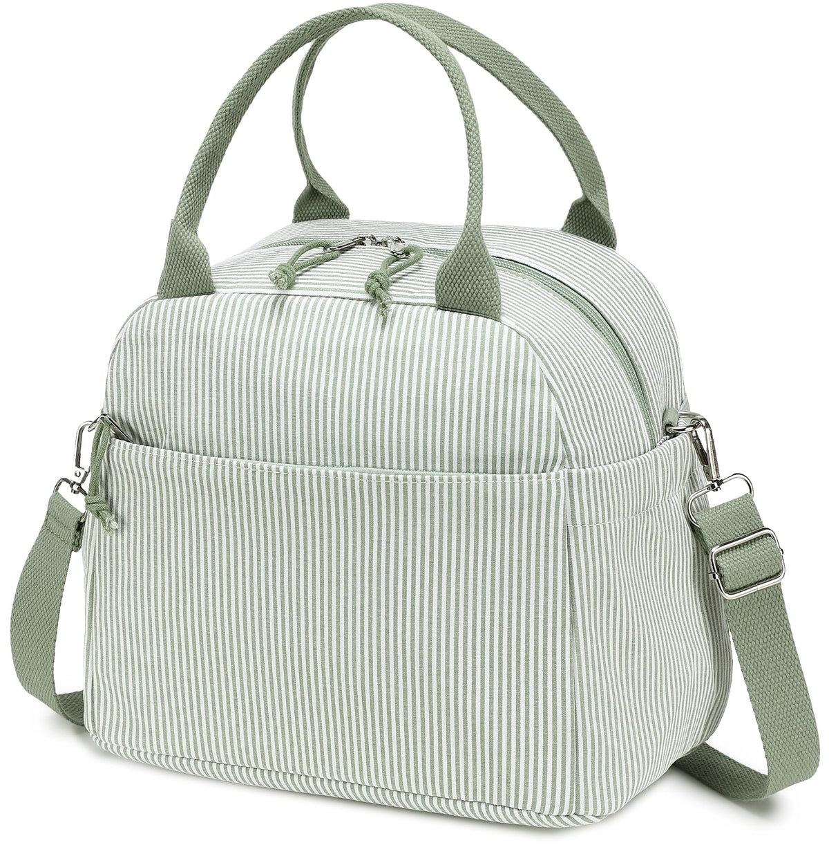 Bluboon Lunch Box for Women Cute Lunch Bag Reusable Insulated Lunch Bags Large Capacity Lunchbox Cooler for Work Picnic or Travel Gifts (A Sage Green White Stripes, 10 x 7.5 x 8 inches)