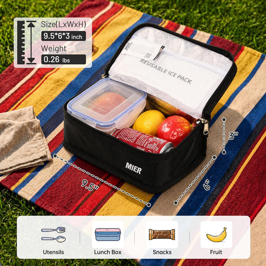 MIER Small Lunch Bag for Kids & Adults Compact Insulated Lunch Box, Black