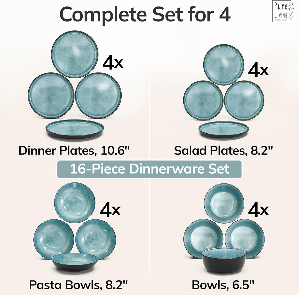 16 Piece Stoneware Dinnerware Set for 4, Handcrafted Plates and Bowls Set