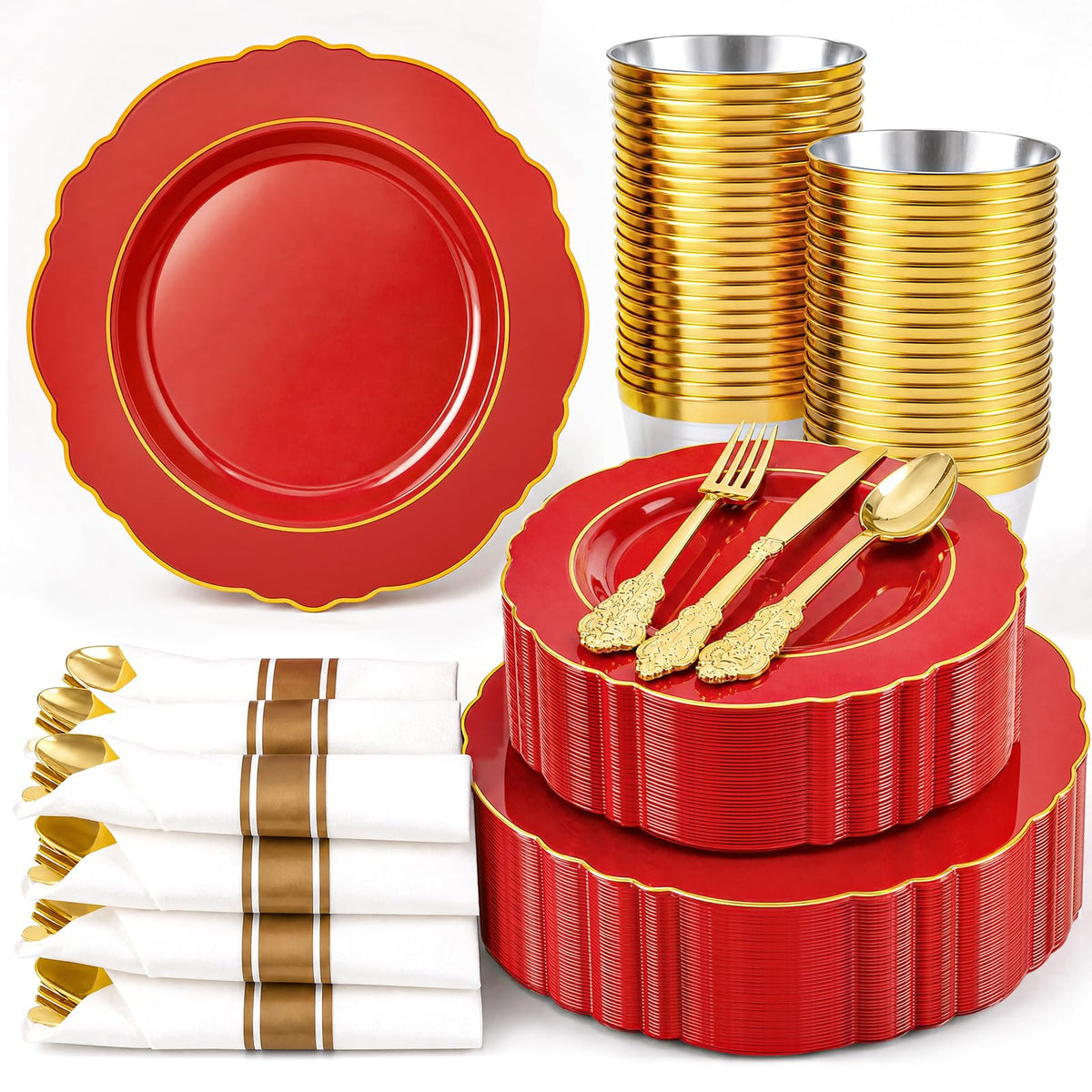 Liacere 350PCS Gold Plastic Plates-Disposable White and Gold Plates Baroque Plastic Dinnerware include 100Plates, 50Pack Pre Rolled Napkins with Silverware 50Cups for Wedding&Thanksgiving&Fall Party