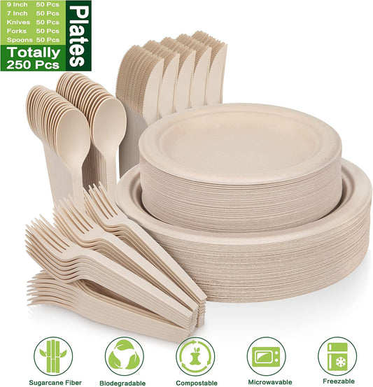 Unves 250 Pcs Compostable Paper Plates Set with Extra Long Utensils, Brown